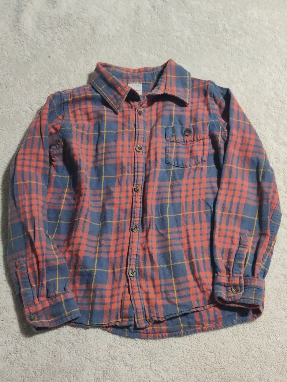 Hanna Andersson Boys Coral and Blue Plaid Button-Down Shirt  Size 8 - 130cm